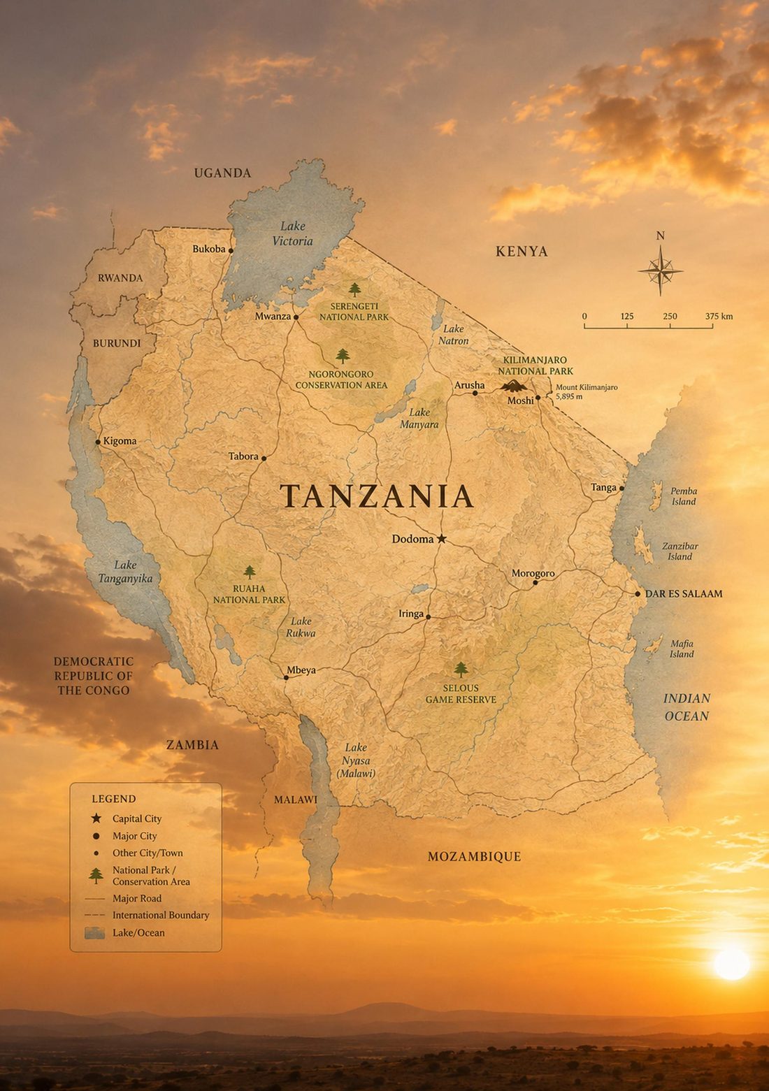 Illustrated map of Tanzania — the Northern Circuit parks, the great lakes, Kilimanjaro and the Zanzibar archipelago
